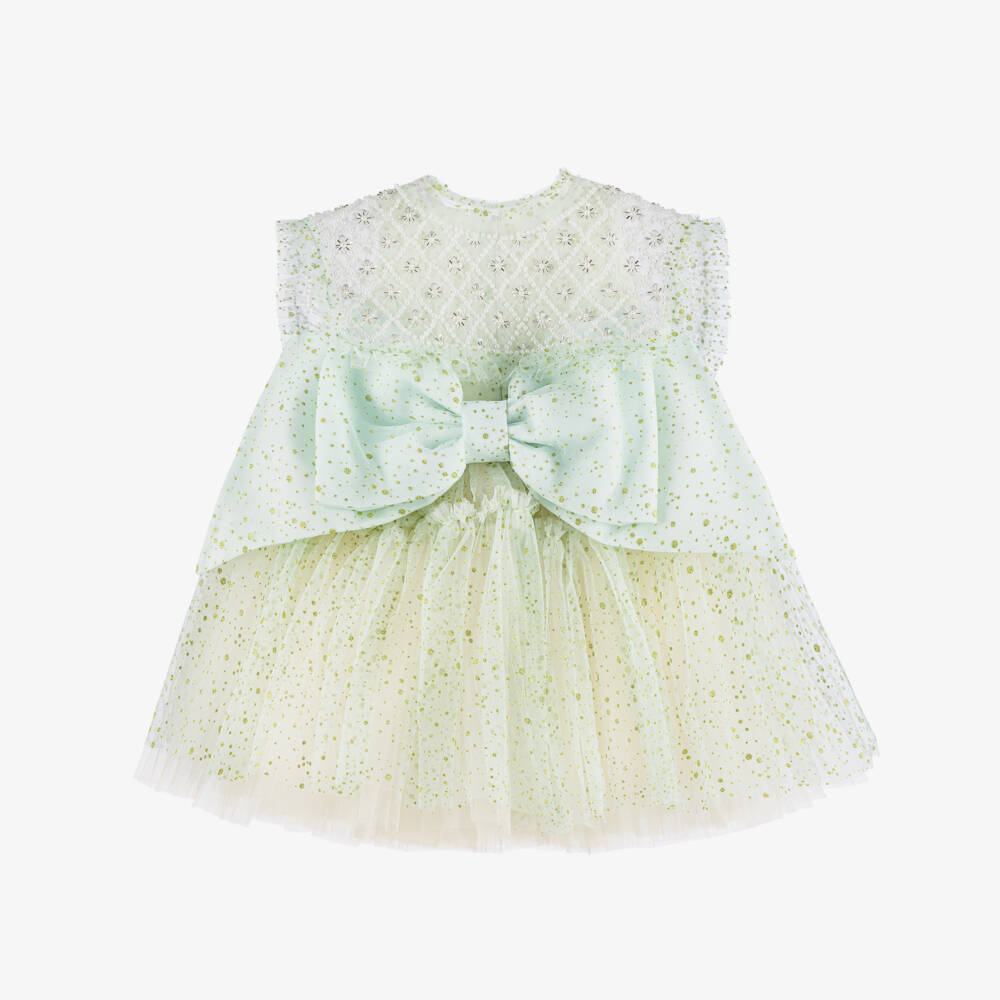 Junona-Girls Glittery Green Tulle Dress with Beaded Collar | Childrensalon
