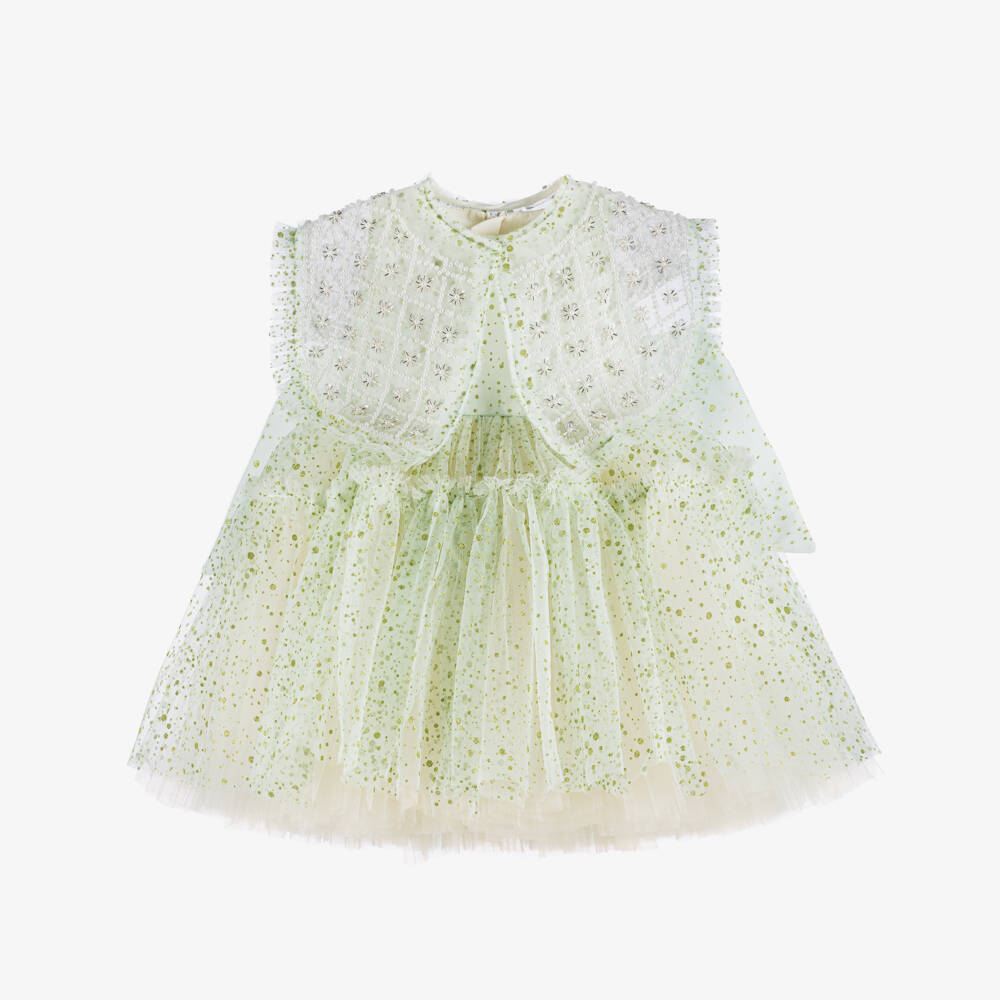 Junona-Girls Glittery Green Tulle Dress with Beaded Collar | Childrensalon