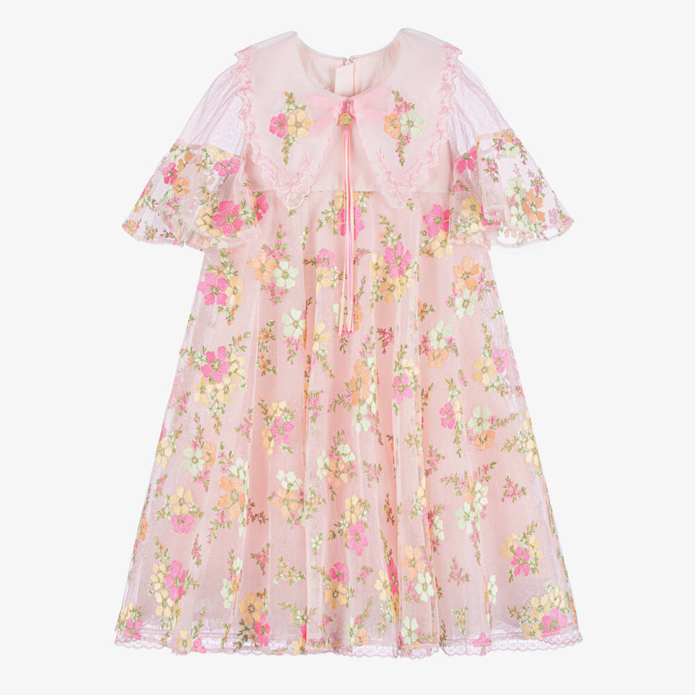 Junona-Girls Glittery Pink Tulle Dress with Embroidered Flowers | Childrensalon