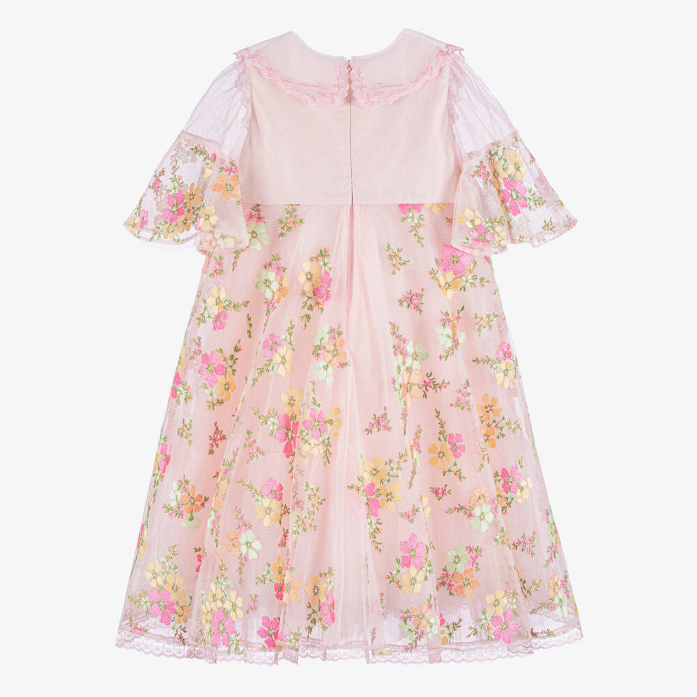 Junona-Girls Glittery Pink Tulle Dress with Embroidered Flowers | Childrensalon