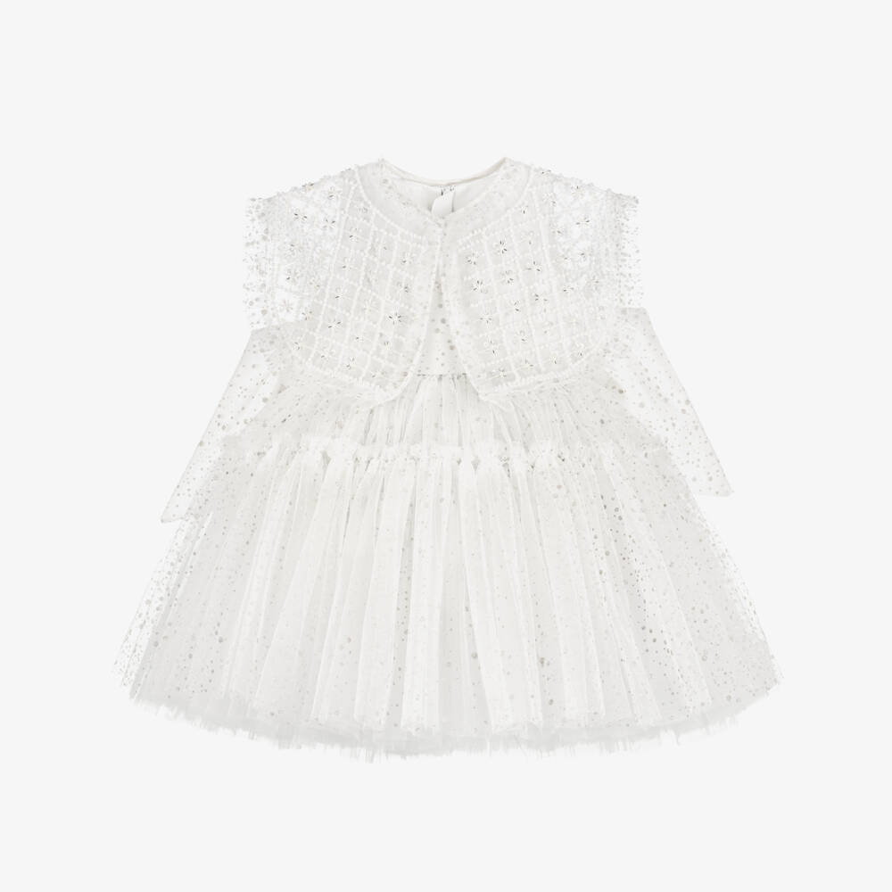 Junona-Girls Glittery White Tulle Dress with Beaded Collar | Childrensalon