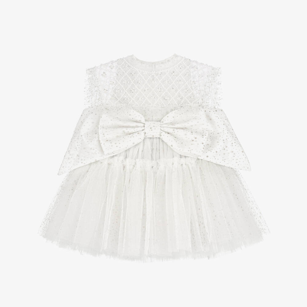 Junona-Girls Glittery White Tulle Dress with Beaded Collar | Childrensalon
