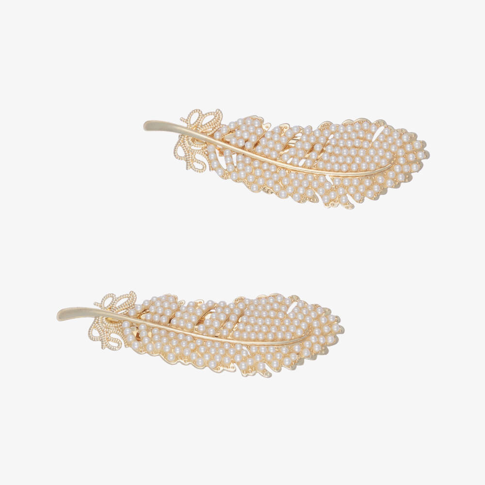 Junona-Girls Gold Beaded Feather Hair Clips (2 Pack) | Childrensalon