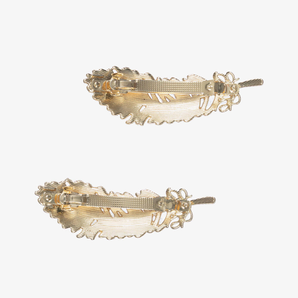 Junona-Girls Gold Beaded Feather Hair Clips (2 Pack) | Childrensalon