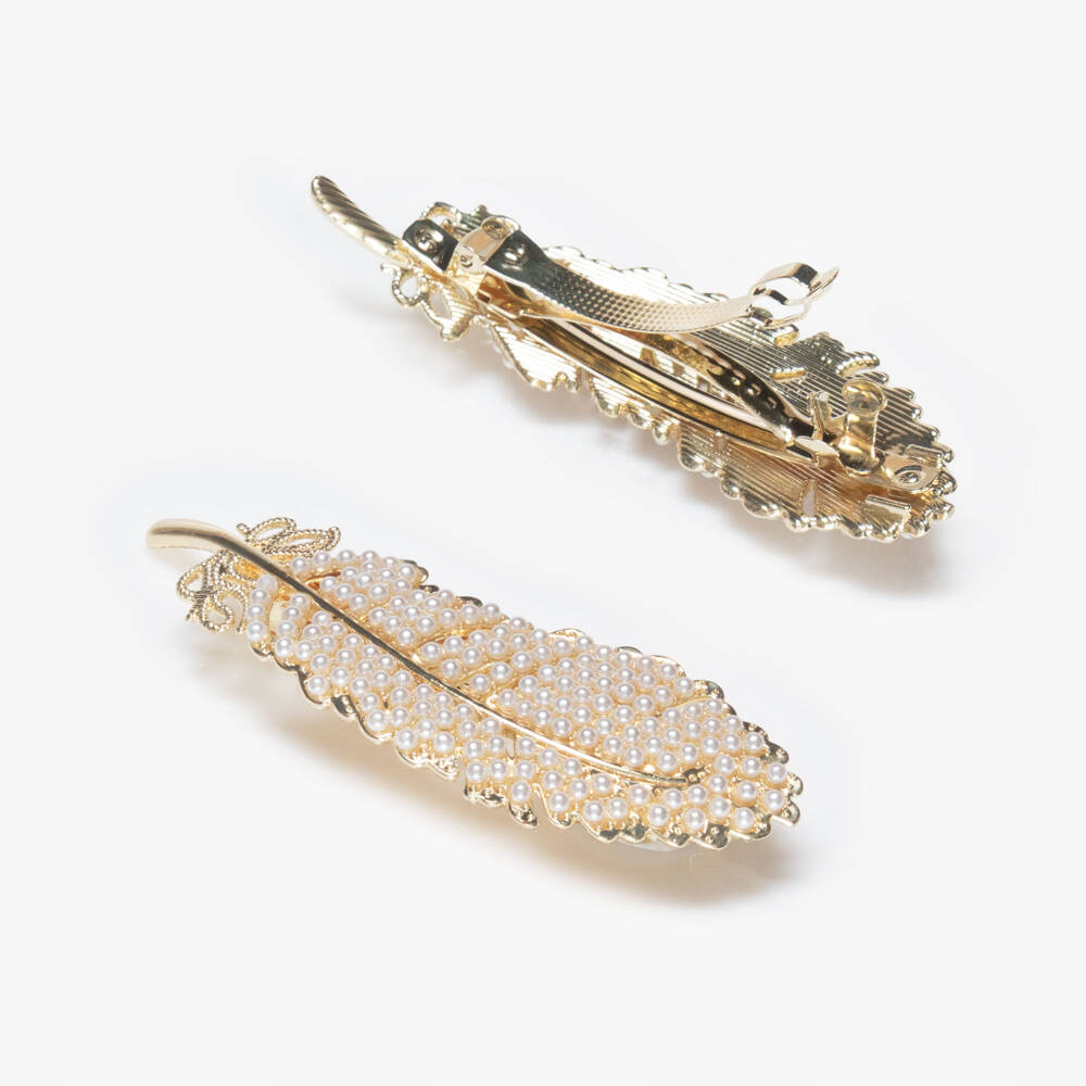 Junona-Girls Gold Beaded Feather Hair Clips (2 Pack) | Childrensalon