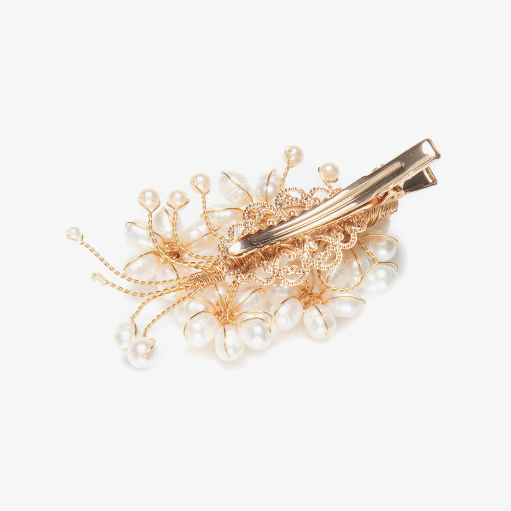 Junona-Girls Gold Hair Clip with Pearl Flowers (7cm) | Childrensalon
