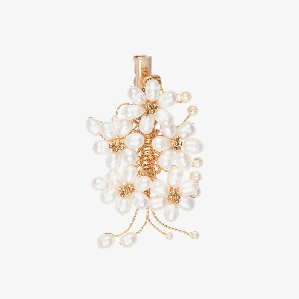 Junona-Girls Gold Hair Clip with Pearl Flowers (7cm) | Childrensalon