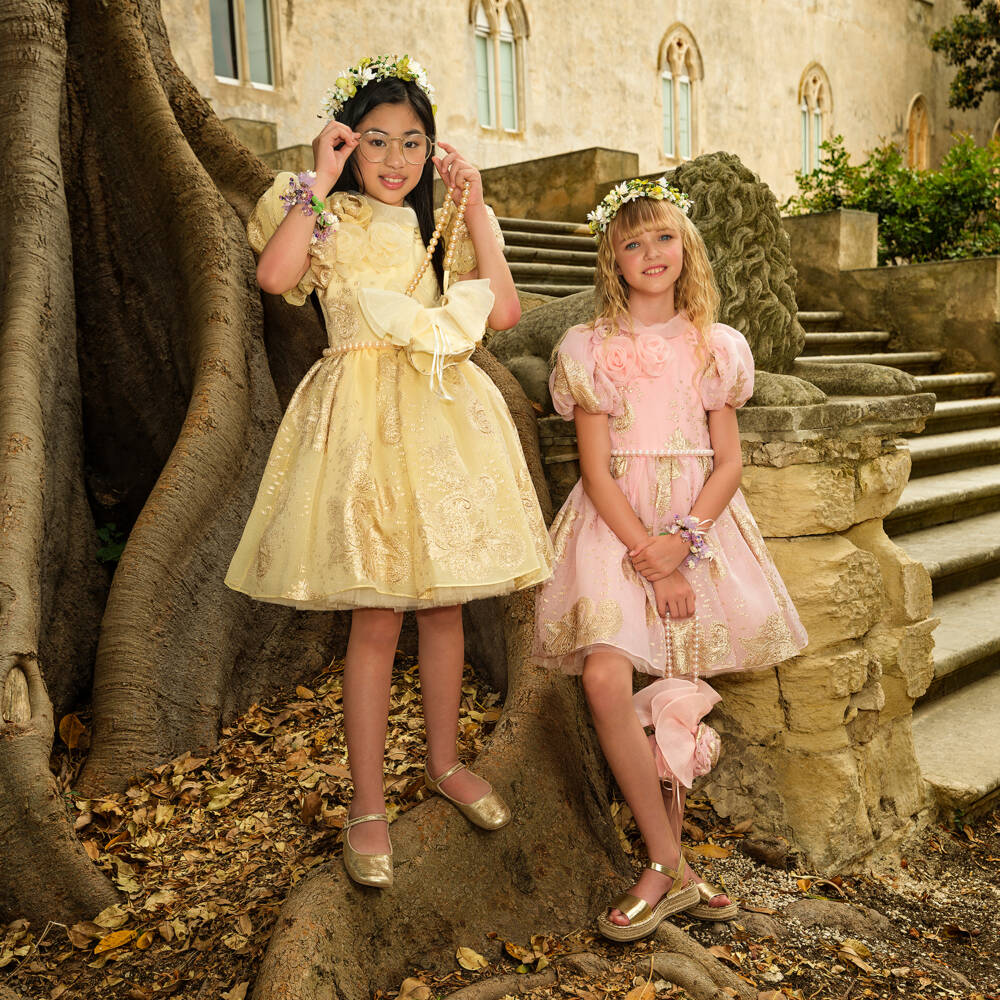 Junona-Girls Gold Organza Jacquard Dress | Childrensalon