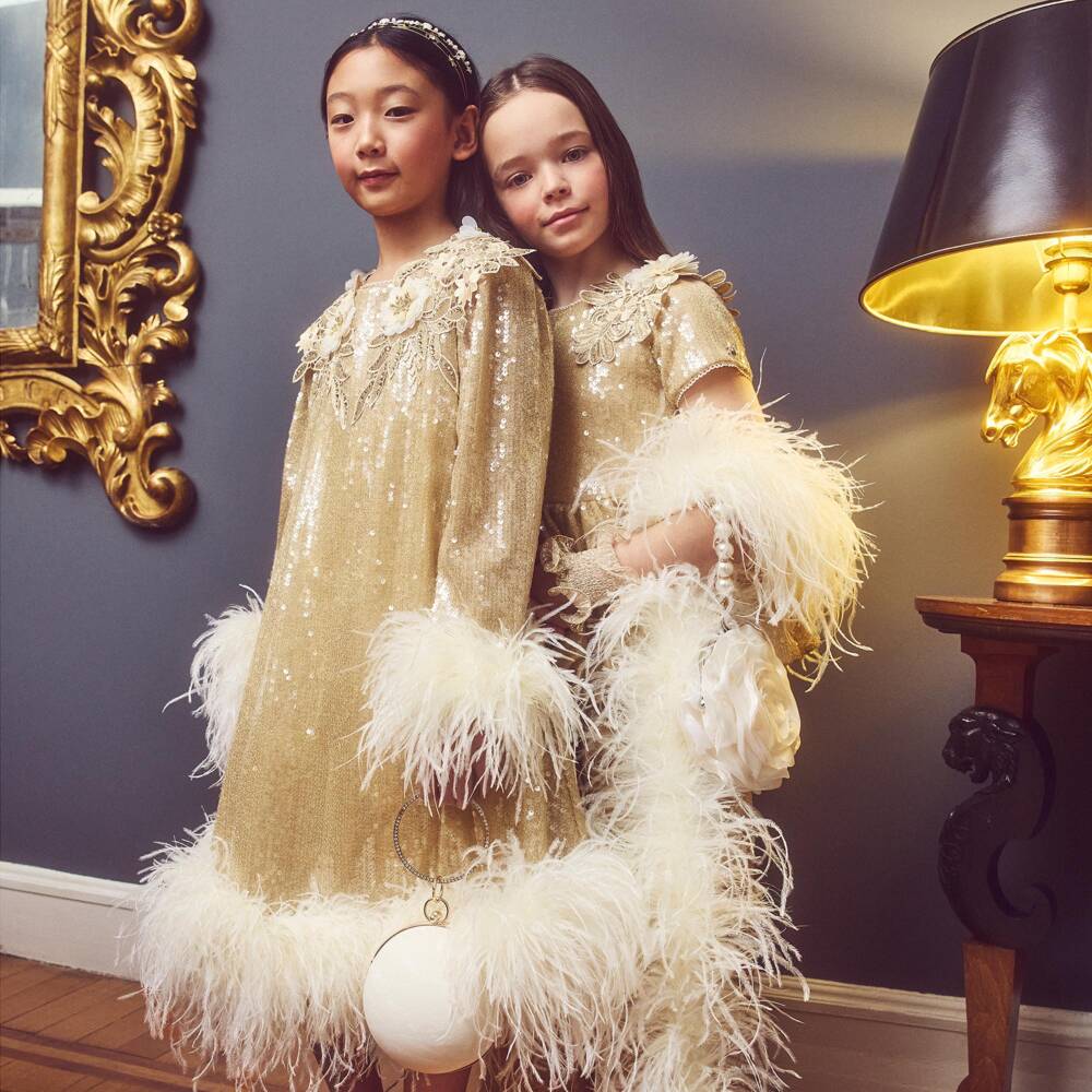 Junona-Girls Gold Sequinned Dress with Feather Trims | Childrensalon
