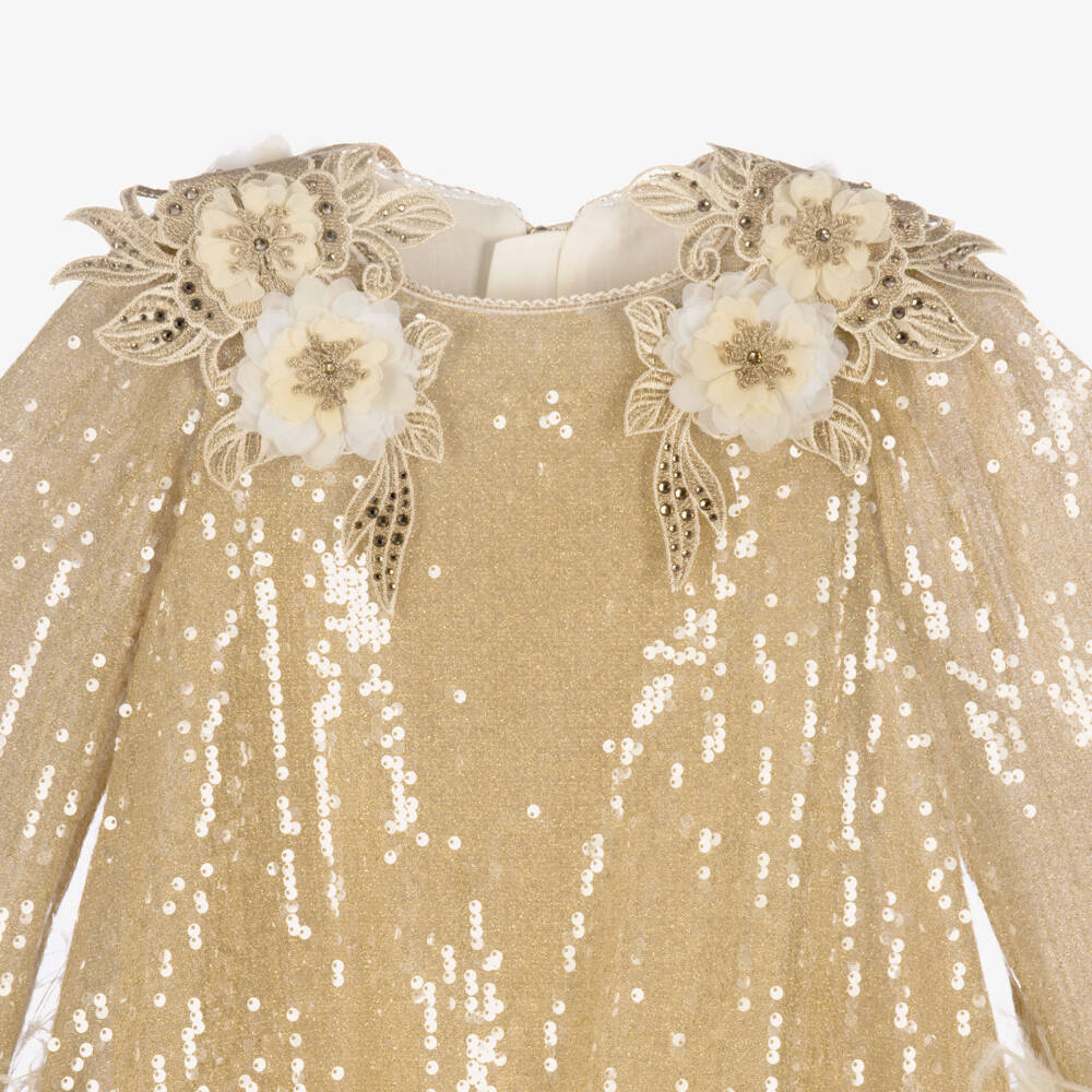 Junona-Girls Gold Sequinned Dress with Feather Trims | Childrensalon