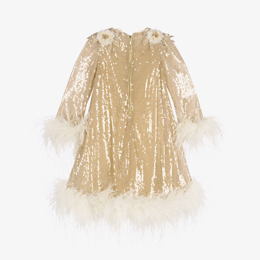 Junona-Girls Gold Sequinned Dress with Feather Trims | Childrensalon