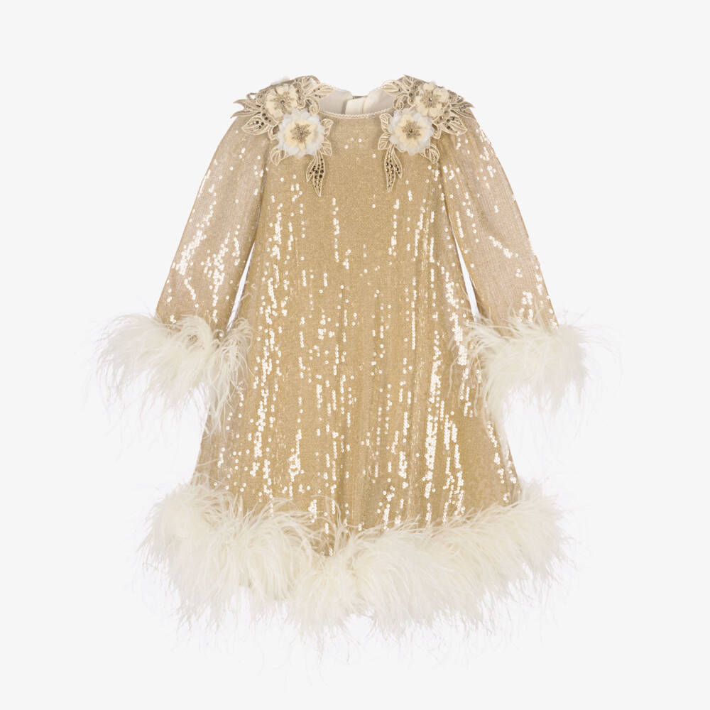 Junona-Girls Gold Sequinned Dress with Feather Trims | Childrensalon