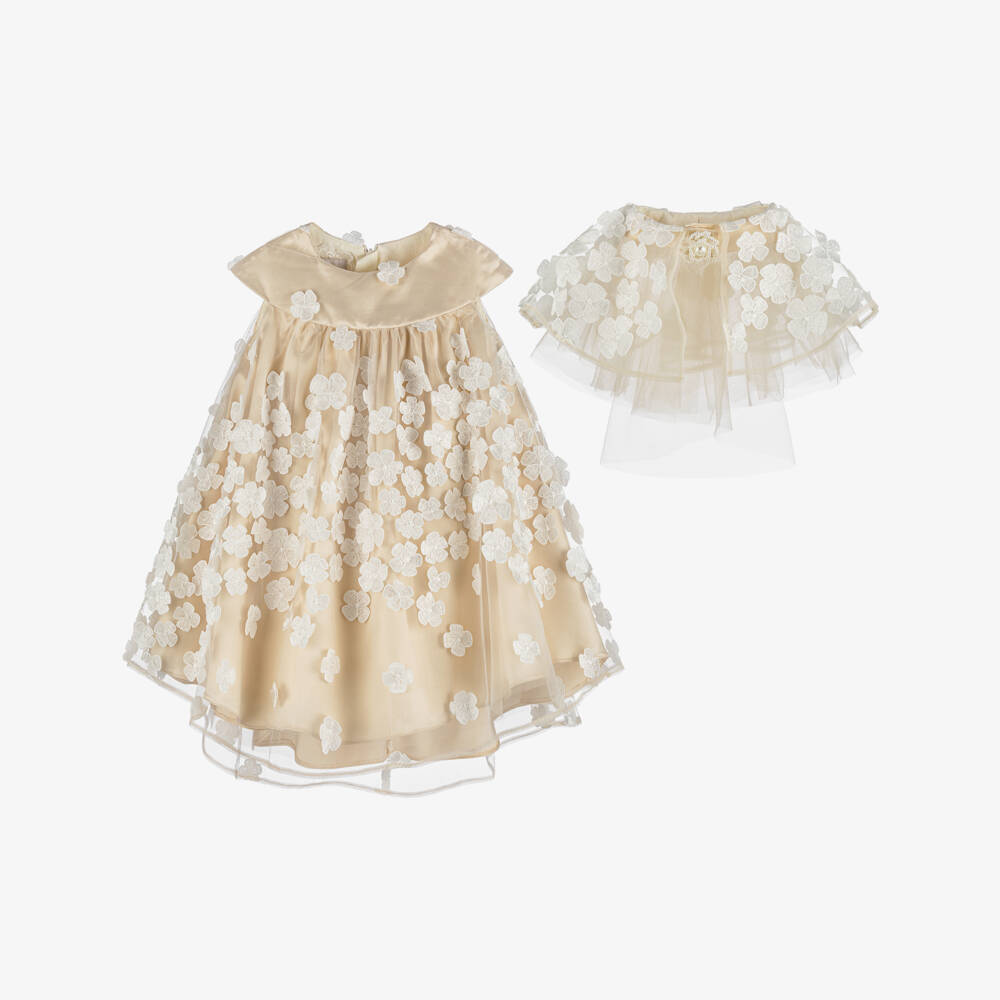 Junona-Girls Gold Tulle Dress with Floral Appliqués & Cape Collar | Childrensalon