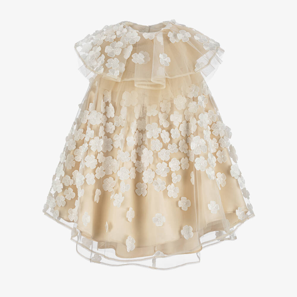 Junona-Girls Gold Tulle Dress with Floral Appliqués & Cape Collar | Childrensalon