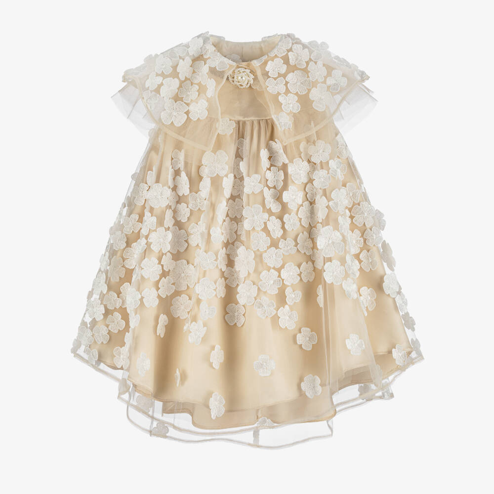 Junona-Girls Gold Tulle Dress with Floral Appliqués & Cape Collar | Childrensalon