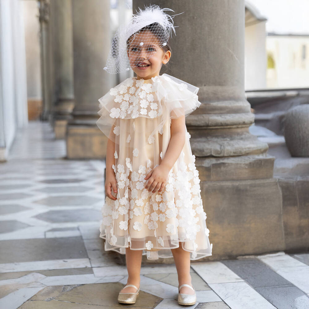 Junona-Girls Gold Tulle Dress with Floral Appliqués & Cape Collar | Childrensalon