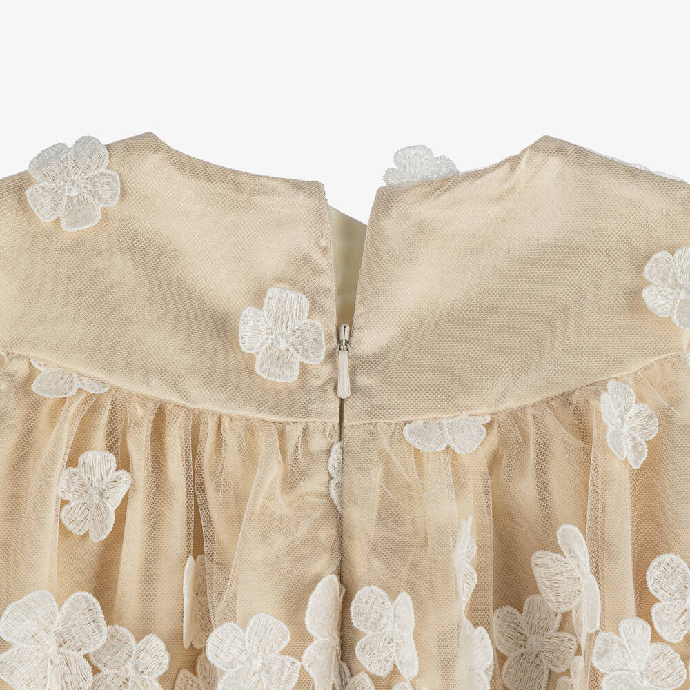 Junona-Girls Gold Tulle Dress with Floral Appliqués & Cape Collar | Childrensalon