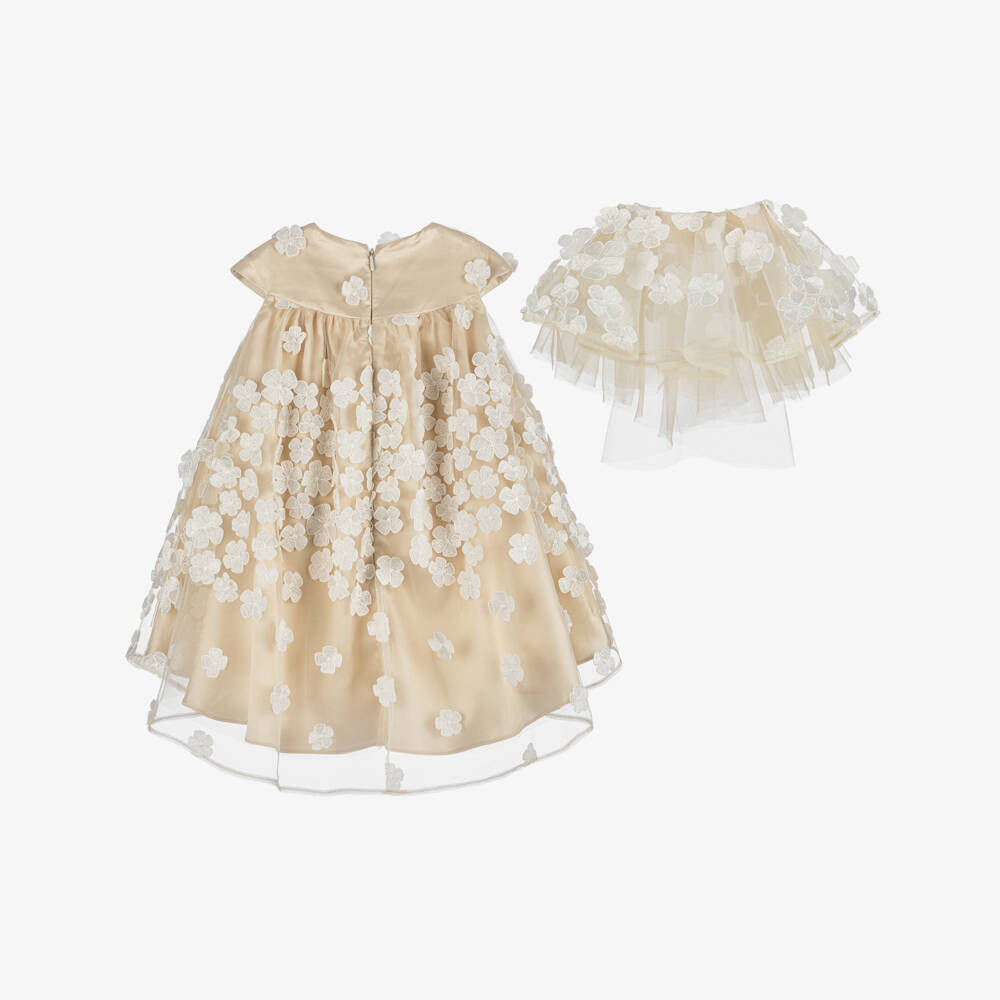 Junona-Girls Gold Tulle Dress with Floral Appliqués & Cape Collar | Childrensalon