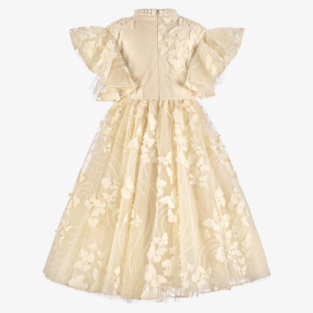 Junona-Girls Golden Ivory Beaded Butterfly Tulle Dress | Childrensalon