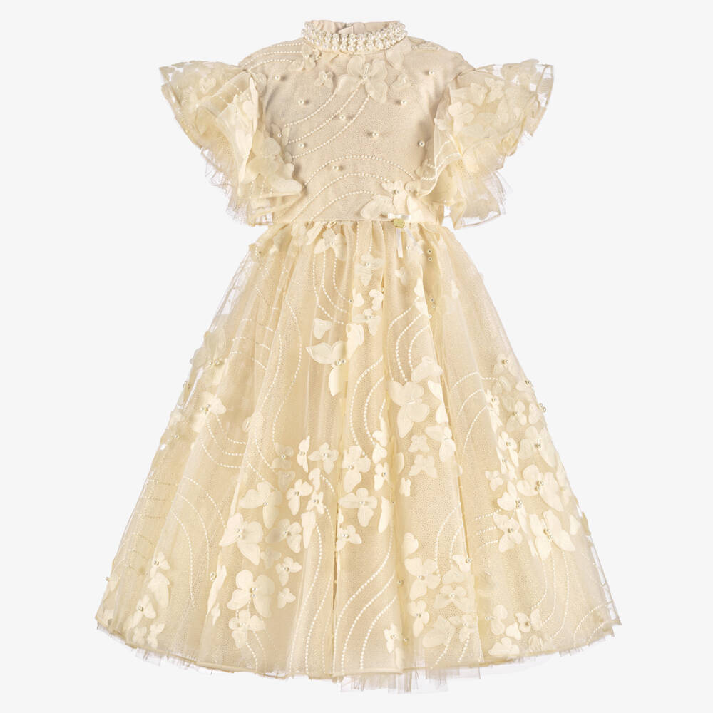Junona-فستان تول مزين بفراشات وخرز لون عاجي ذهبي للبنات | Childrensalon