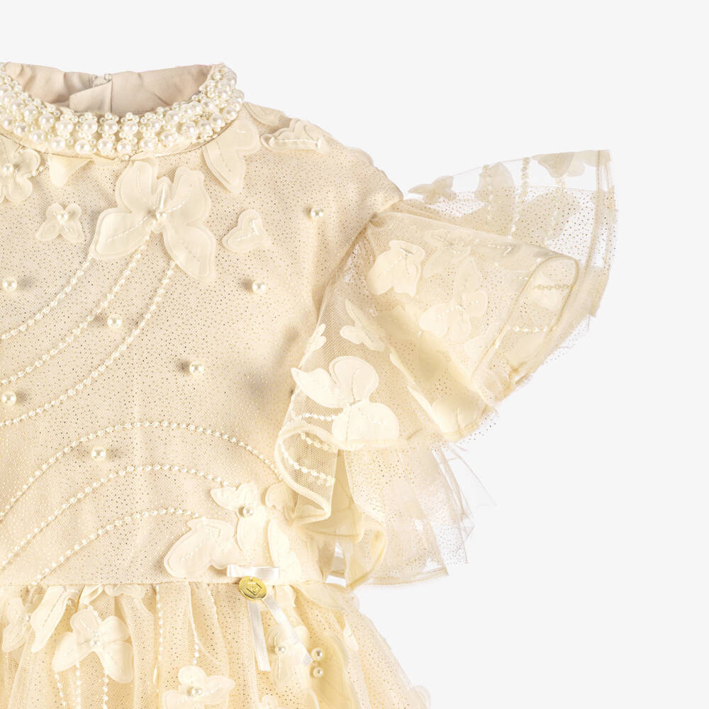 Junona-Girls Golden Ivory Beaded Butterfly Tulle Dress | Childrensalon