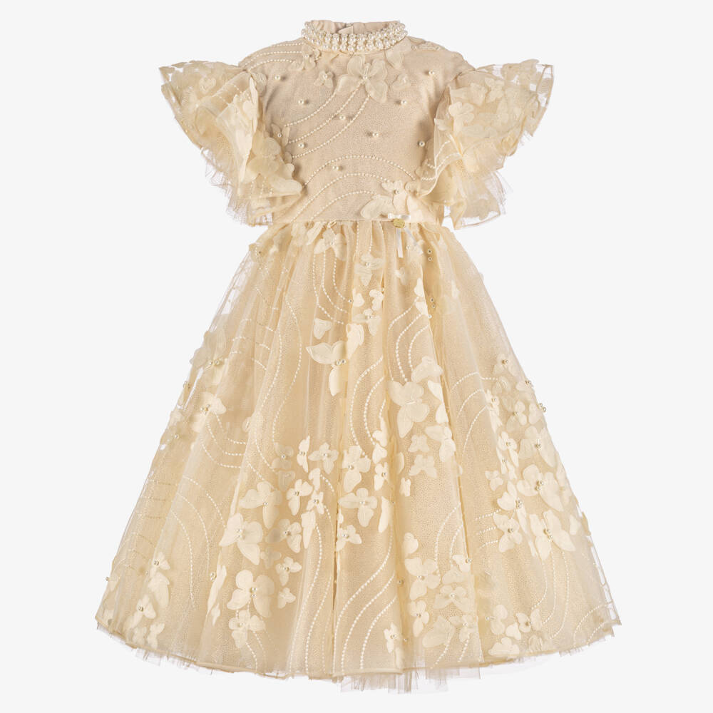 Junona-Girls Golden Ivory Beaded Butterfly Tulle Dress | Childrensalon