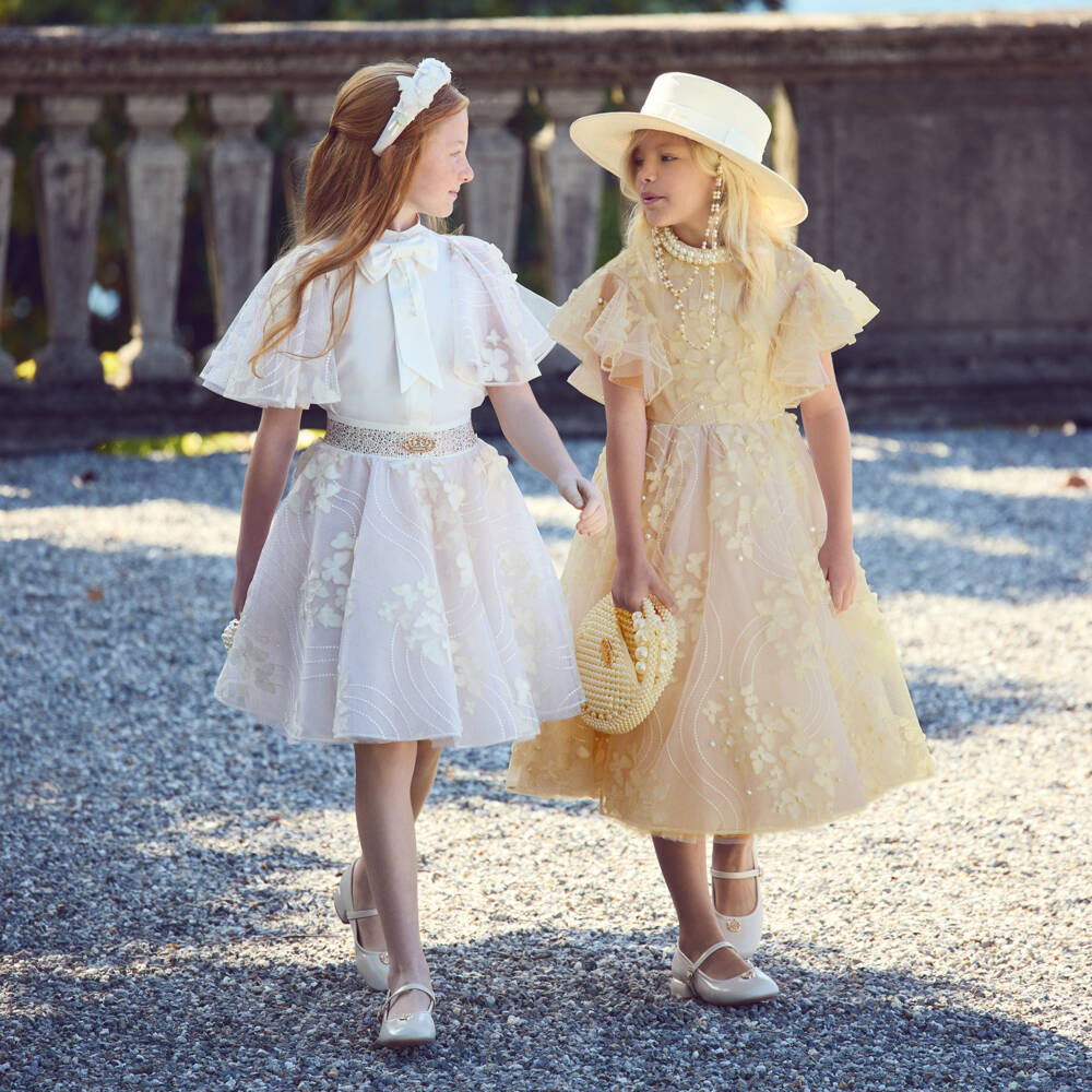 Junona-Girls Golden Ivory Beaded Butterfly Tulle Dress | Childrensalon