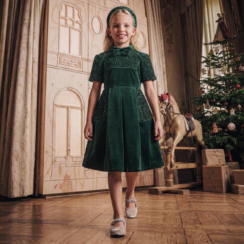 Junona-Girls Green Velvet Beaded Dress | Childrensalon
