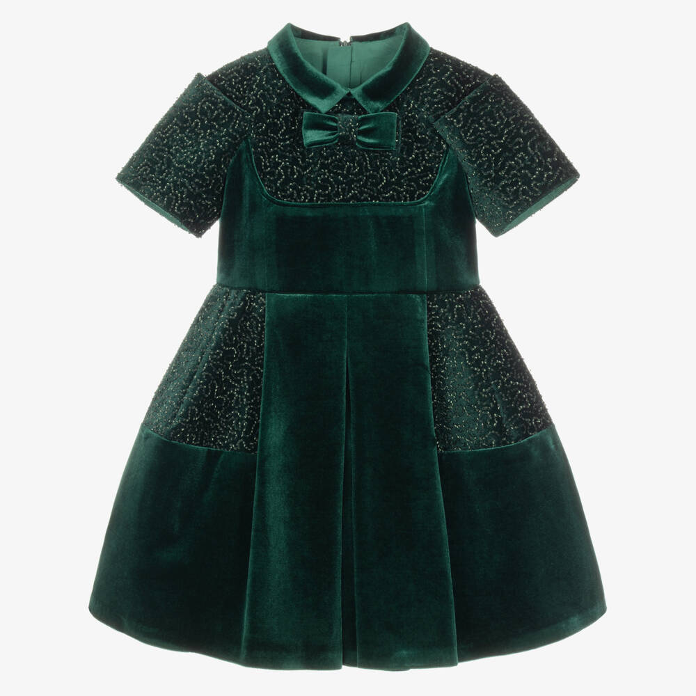 Junona-Girls Green Velvet Beaded Dress | Childrensalon