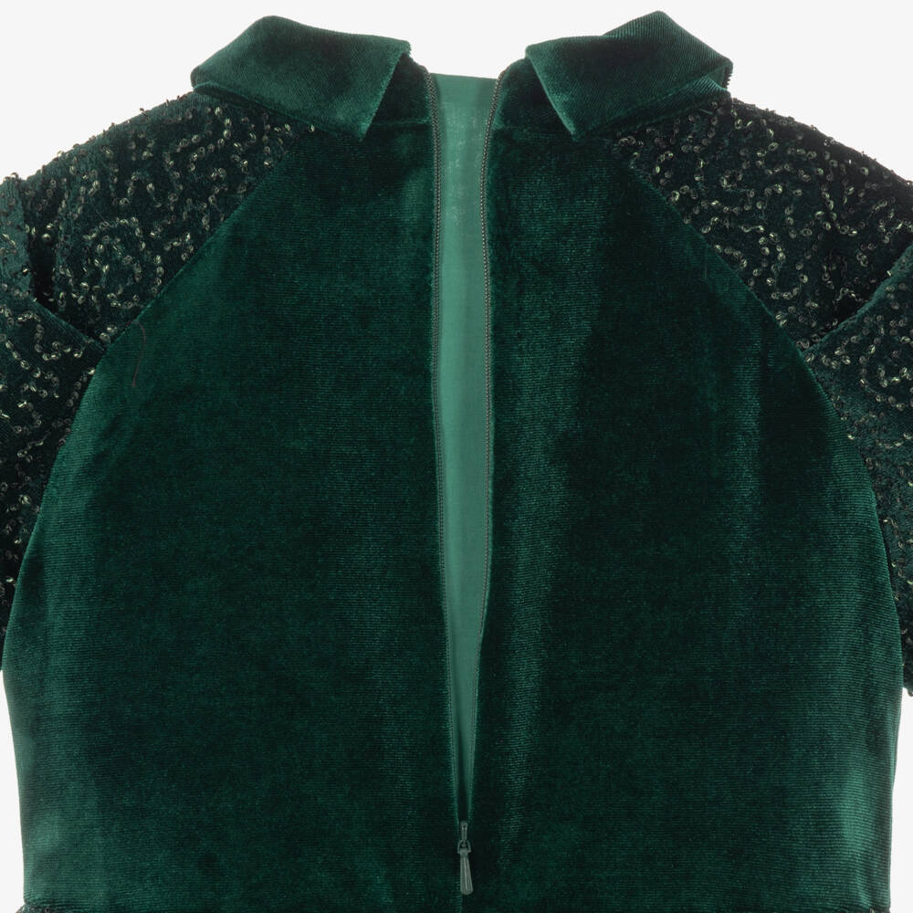 Junona-Girls Green Velvet Beaded Dress | Childrensalon
