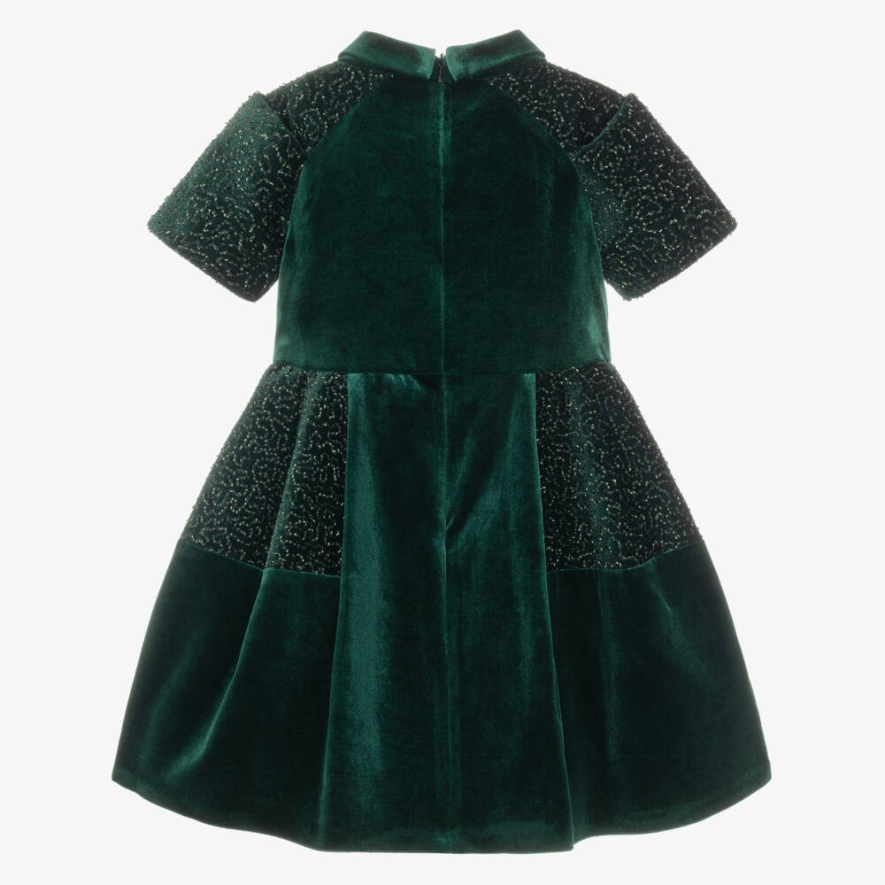 Junona-Girls Green Velvet Beaded Dress | Childrensalon