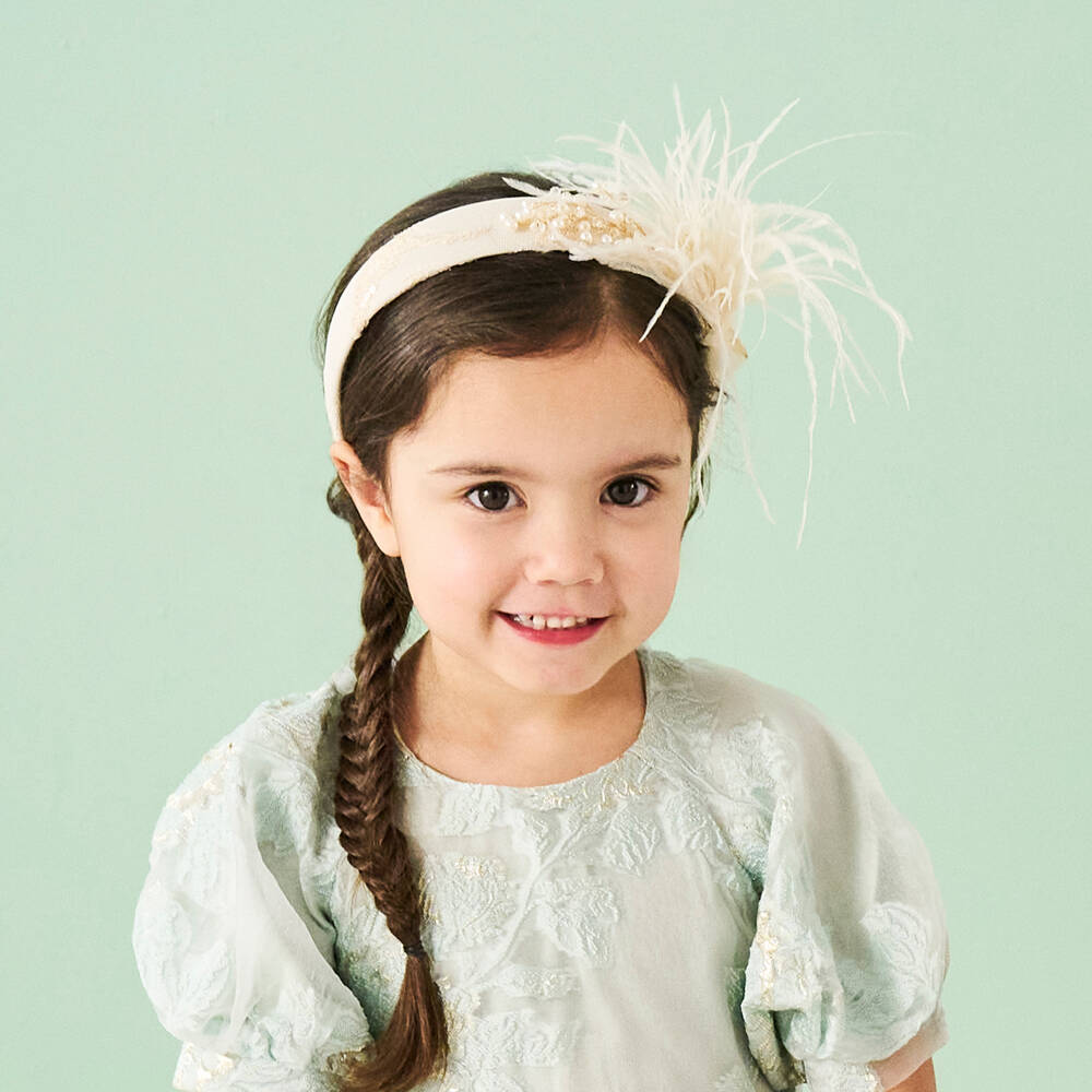 Junona-Girls Ivory Bead & Feather Hairband | Childrensalon