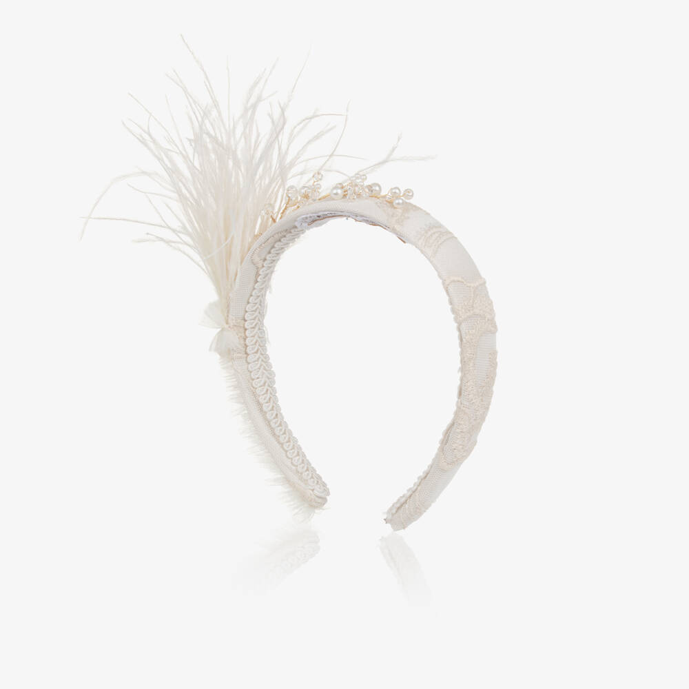 Junona-Girls Ivory Bead & Feather Hairband | Childrensalon