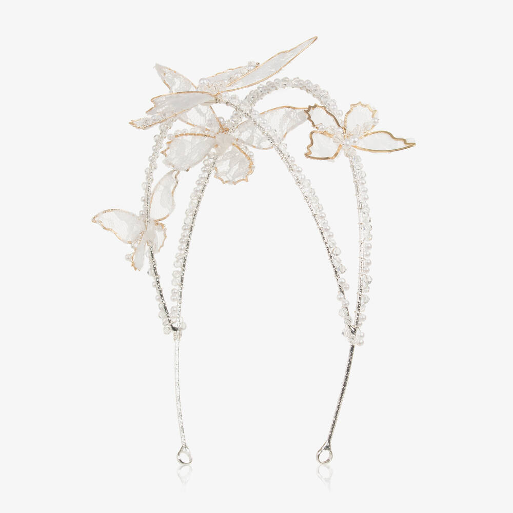 Junona-Girls Ivory Bead & Lace Butterfly Hairband | Childrensalon