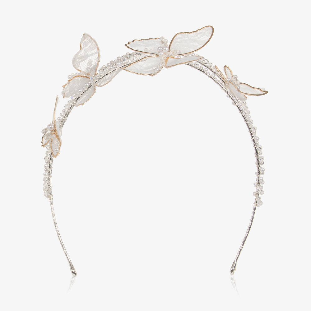 Junona-Girls Ivory Bead & Lace Butterfly Hairband | Childrensalon