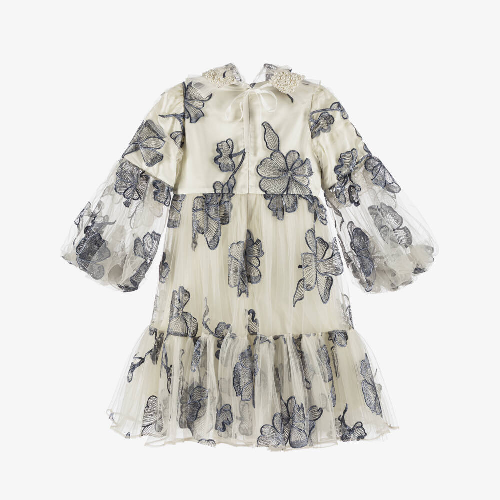 Junona-فستان تول بياقة مرصعة بالكريستال لون عاجي وأزرق | Childrensalon