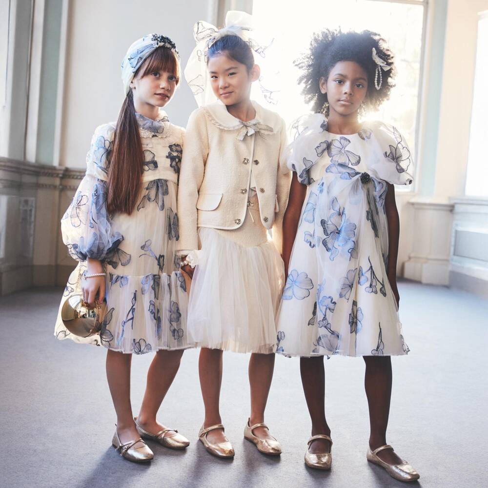 Junona-فستان تول بياقة مرصعة بالكريستال لون عاجي وأزرق | Childrensalon