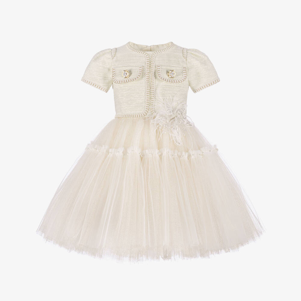Junona-Girls Ivory Dress with a Glittery Tulle Skirt | Childrensalon