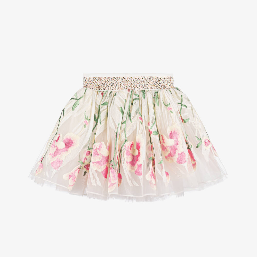 Junona-Girls Ivory Embroidered Tulle Skirt | Childrensalon