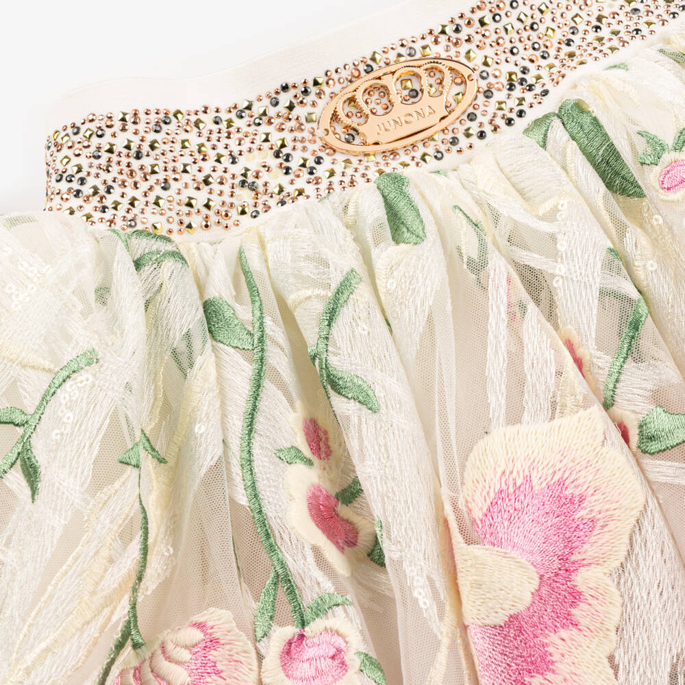 Junona-Girls Ivory Embroidered Tulle Skirt | Childrensalon