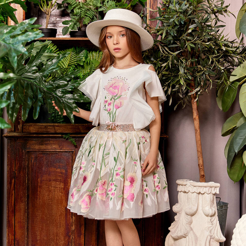 Junona-Girls Ivory Embroidered Tulle Skirt | Childrensalon