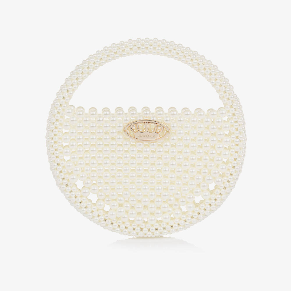 Junona-حقيبة يد مزينة بلؤلؤ صناعي لون عاجي للبنات (21 سم) | Childrensalon