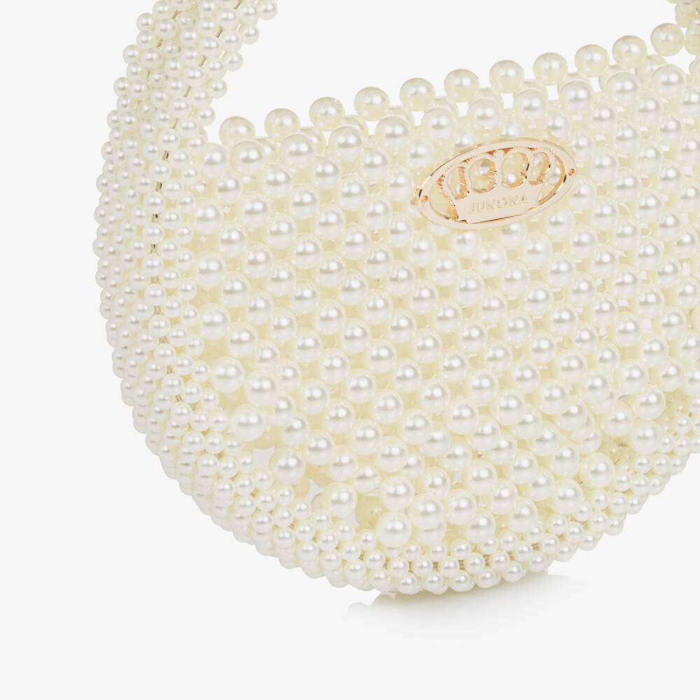 Junona-حقيبة يد مزينة بلؤلؤ صناعي لون عاجي للبنات (21 سم) | Childrensalon