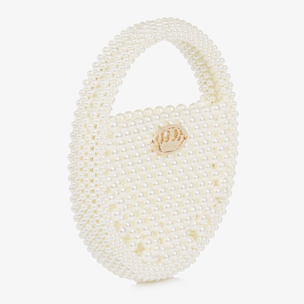 Junona-حقيبة يد مزينة بلؤلؤ صناعي لون عاجي للبنات (21 سم) | Childrensalon