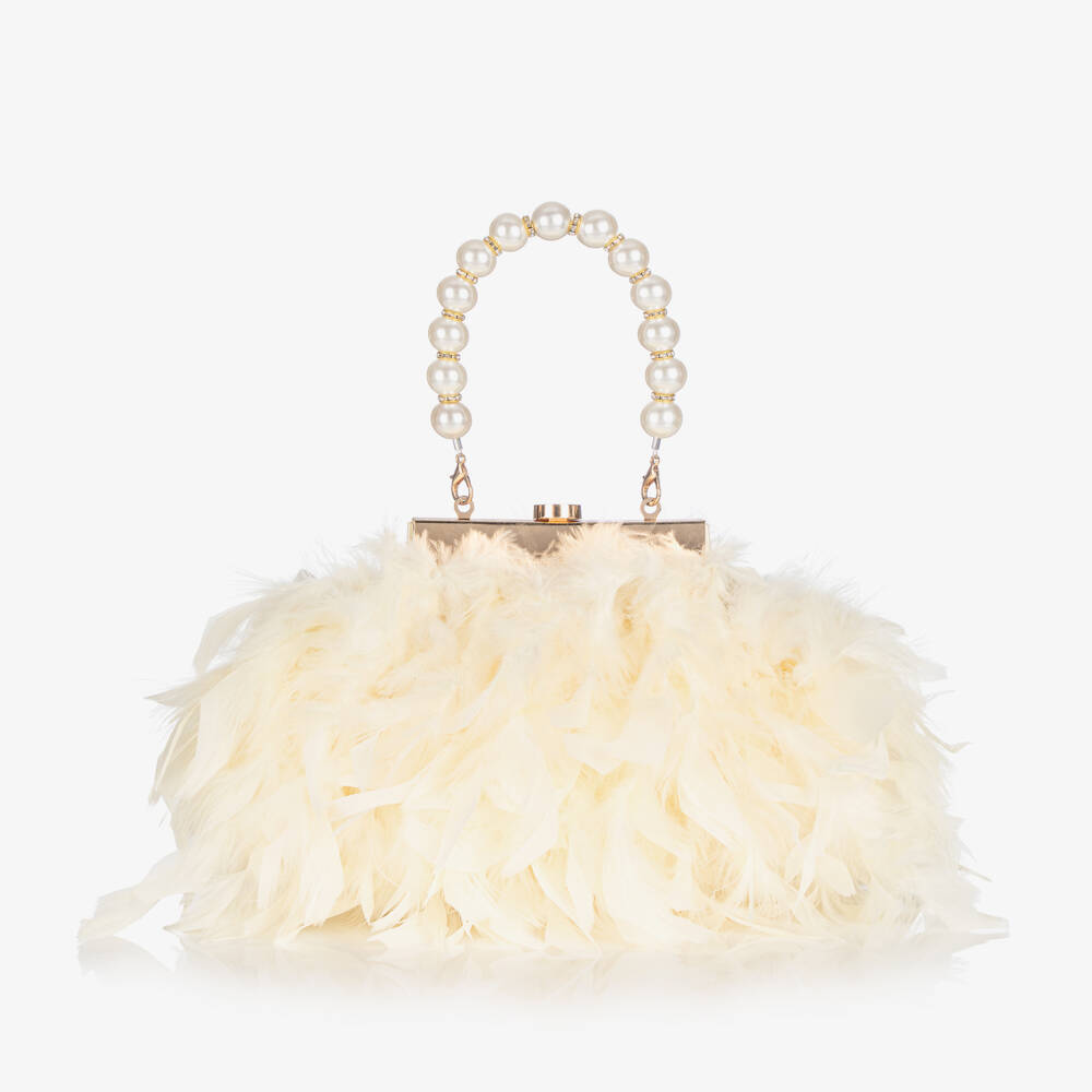 Junona-Girls Ivory Feather Bag with Faux Pearl Handle (20cm) | Childrensalon
