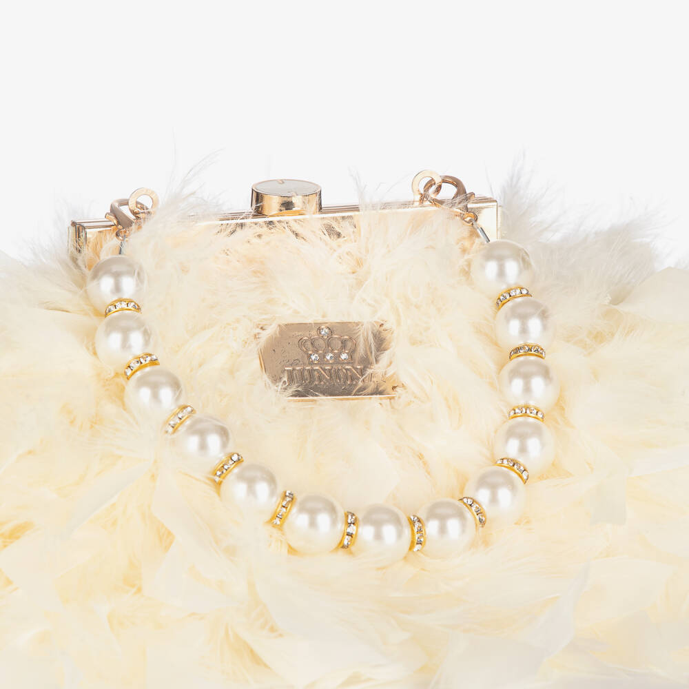 Junona-Girls Ivory Feather Bag with Faux Pearl Handle (20cm) | Childrensalon