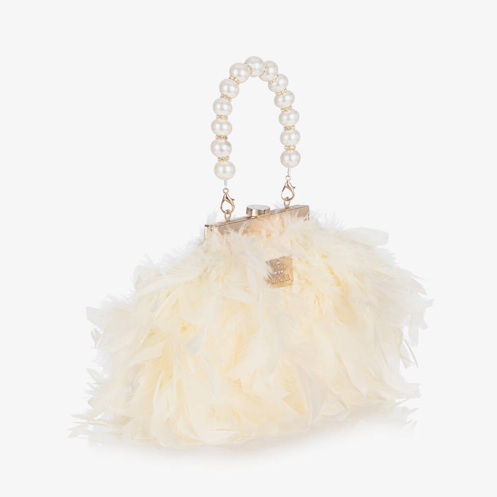 Junona-Girls Ivory Feather Bag with Faux Pearl Handle (20cm) | Childrensalon