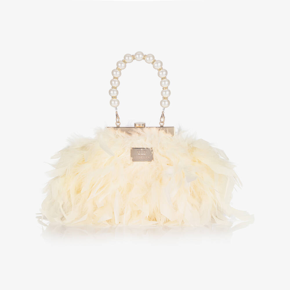 Junona-Girls Ivory Feather Bag with Faux Pearl Handle (20cm) | Childrensalon