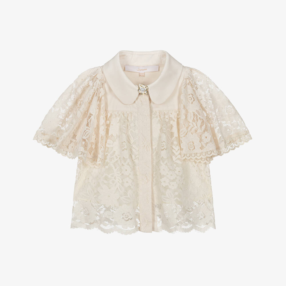 Junona-Блузка кремовая с цветочным кружевом для девочек | Childrensalon