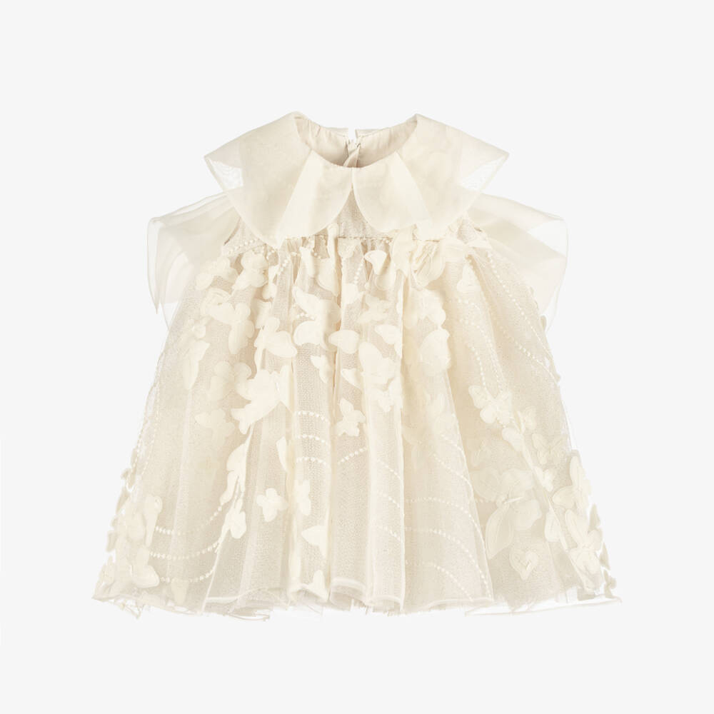Junona-Girls Ivory Glitter Tulle Dress with Butterfly Appliqués | Childrensalon